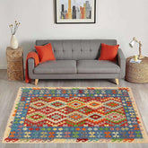 Flat Weave Kilim Antique Navaho Vintage handmade Geometric Kilim Red Blue Hand-Woven Rectangle 100% Wool Area Rug 5x6